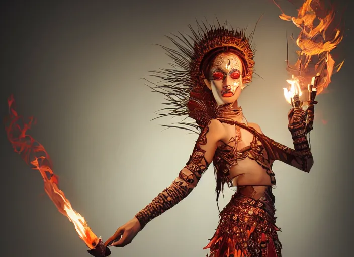 Prompt: studio portrait of a graceful fire dancer holding blow torches, fantasy, absurdly beautiful, wearing an elegant tribal outfit,, ultrafine hyperrealistic detailed face illustration by kim jung gi, irakli nadar, ultra realistic, final fantasy, 4 k, movie still, uhd, sharp, detailed, cinematic, render, modern