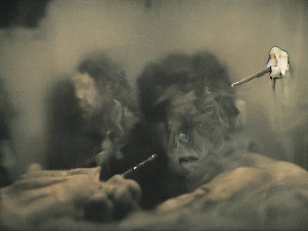 Image similar to detailed medium format photo, polaroid still from tarkovsky movie, sleazy man watching over the zone while smoking a cigarette, haze, high production value, intricate details, 8 k resolution, hyperrealistic, hdr, photorealistic, high definition, tehnicolor, award - winning photography, masterpiece, amazing colors