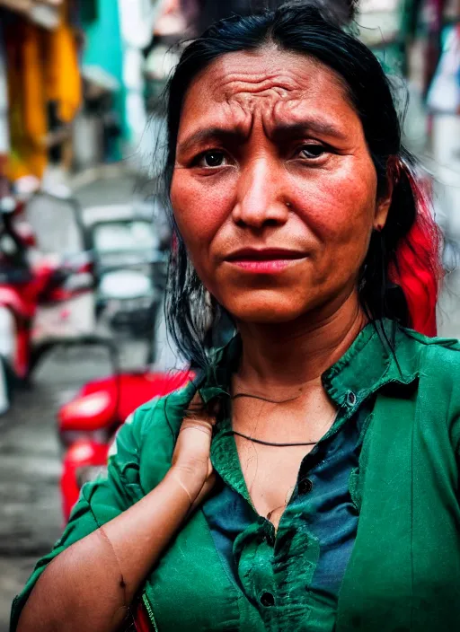 Image similar to Mid-shot portrait of a stylish 35-year-old woman from Guatemala, candid street portrait in the style of Martin Schoeller, strong red and greens, award winning, Sony a7R