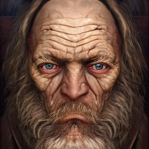 Prompt: centered detailed portrait of an old ugly mutant smuggler, without a nose and with rough dark dirty skin showing the thin veins underneath::art by James Christensen and Artgerm and Sophie Anderson::realistic character concept, single face, insanely detailed and intricate, beautiful, elegant, golden ratio, identical eyes, gazing eyes, beautiful eyes, slender symmetrical face and body::::post apocalyptic, Fallout style, destroyed city on background::medium shot, elegant pose, science fiction, illustration, artstation, cinematic lighting, dramatic lighting, volumetric lighting, Global Illumination, hyperdetailed, cgsociety, 8K, 4K, high resolution, vfx