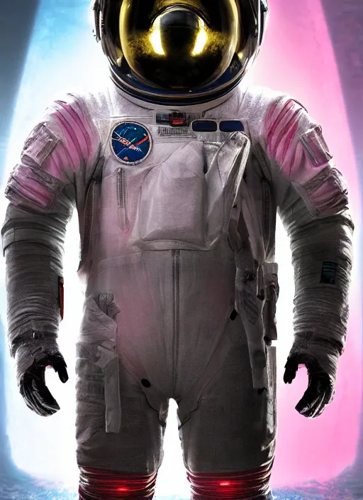 Image similar to complex poster by craig mullins astronaut in futuristic dark and empty spaceship underwater. infrared glowing lights. complex and hyperdetailed technical pink suit. reflection and dispersion materials. rays and dispersion of light. volumetric light. 5 0 mm, f / 3 2. noise film photo. flash photography. unreal engine 4, octane render. interstellar movie art