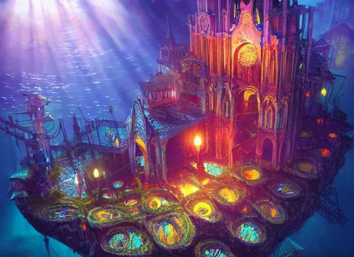 Image similar to favela fantasy cathedral, underwater environment, sorcery, scenery, professional, award - winning, trending on artstation, hyper detailed, realistic, beautiful, emotional, shiny, colorful, picture