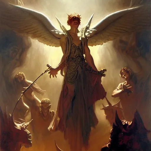 Prompt: attractive male lucifer morning star casting a spell summoning male demons, they rise from down bellow. highly detailed painting by gaston bussiere, craig mullins, j. c. leyendecker, 8 k
