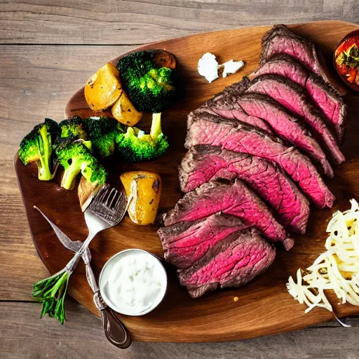 Image similar to advertising photography of a delicious large cooked and seasoned medium well steak, topped with melted mozzarella cheese, and a side of seasoned vegetable and potato and broccoli medley, all served on a wooden table, spot lighting, restaurant promotional poster