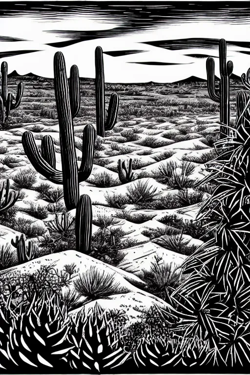 Prompt: art by brian reedy, a stunning black ink linocut print of a desert with a few cacti here and there, 8 k, frostbite 3 engine, cryengine, dof, trending on artstation, digital art, crepuscular ray