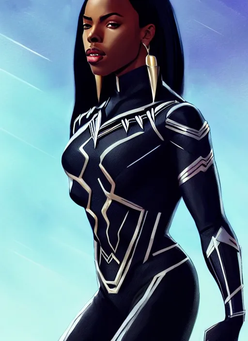 Prompt: full body portrait of marvel cinematic universe aaliyah haughton, black panther, elegant, wakanda, super hero, black outfit, highly detailed!! digital painting, artstation, glamor pose, concept art, sharp focus, illustration, art by artgerm and greg rutkowski, artey freytag