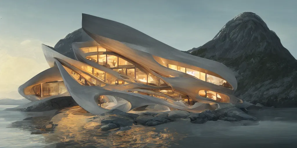 Image similar to norwegian fjord beach house designed by zaha hadid, intricate, highly detailed, digital painting, trending on artstation, concept art, smooth, sharp focus, backlit, rim light, vivid colors, illustration, unreal engine 5, 8 k, art by rossdraws and alphonse mucha