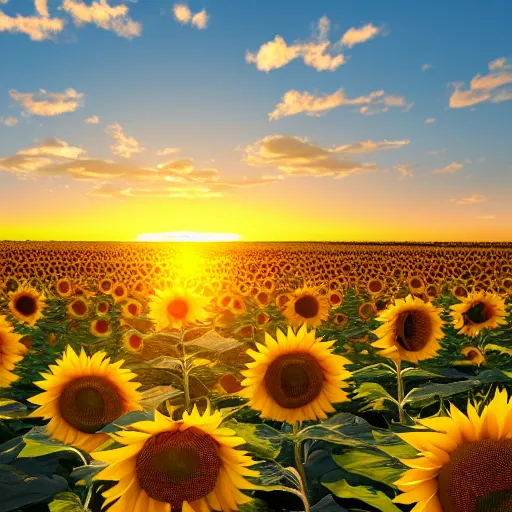 Prompt: sunflower fields at sunrise, ultrawide angle cinematic view, ultra realistic, vibrant colors, detailed, cinematic, photorealism, unreal engine, octane render