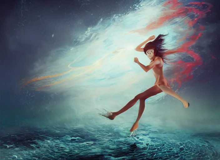 Prompt: seductive lee jin - eun running on water at super speed, emerging from multiversal galactic portal, splashes of lightning behind her, zooming past a jet, by ilya kuvshinov, peter mohrbacher, ruan jia, and james jean, claude monet, during a blood moon, rule of thirds, coherent symmetry, close up, majestic, beautiful eyes