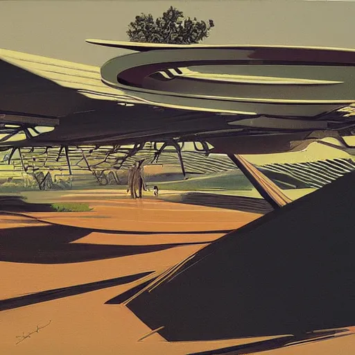 Prompt: painting of a spaceship concept in a farm by syd mead