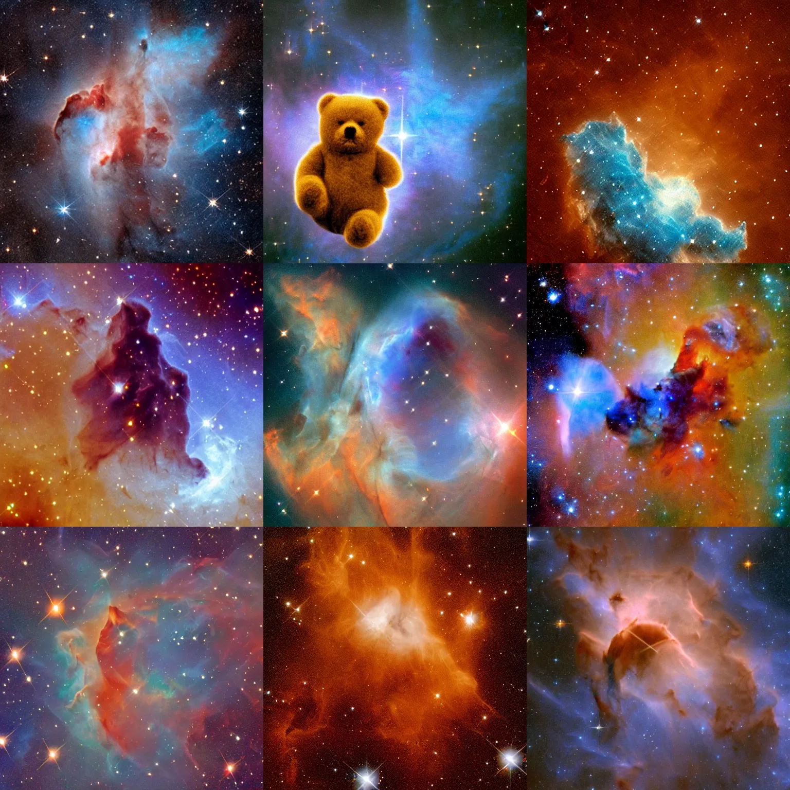 Prompt: hubble space telescope image of a nebula in the shape of a teddy bear