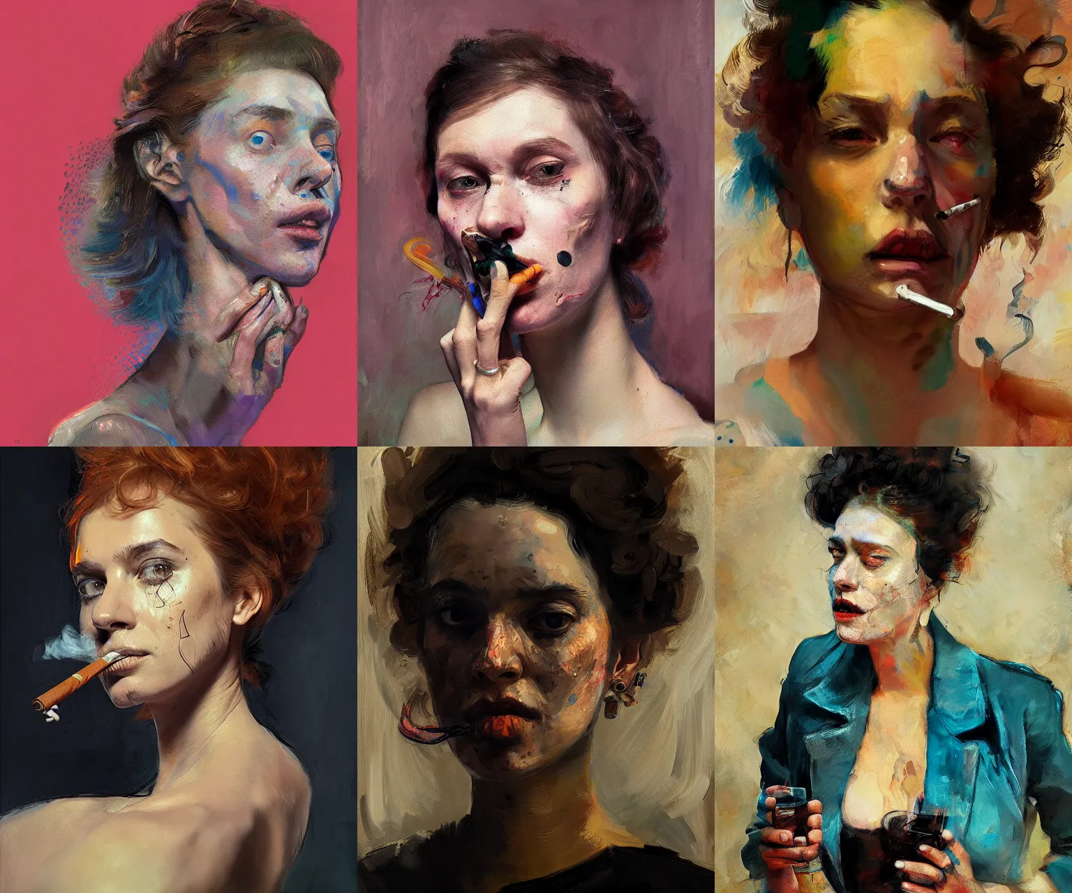 Prompt: portrait of a smoking woman, in the style of disco elysium, expressionism, artstation, trending, by aleksander rostov, jenny saville, rembrandt, alex kanevsky, wassily kandinsky