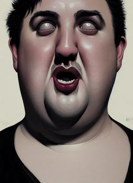 Image similar to portrait of a chubby man with a crooked nose and a confident expression, 1 9 6 0 s, black clothes, goth, punk, funk, intricate, elegant, highly detailed, digital painting, artstation, concept art, smooth, sharp focus, illustration, art by wlop, mars ravelo and greg rutkowski