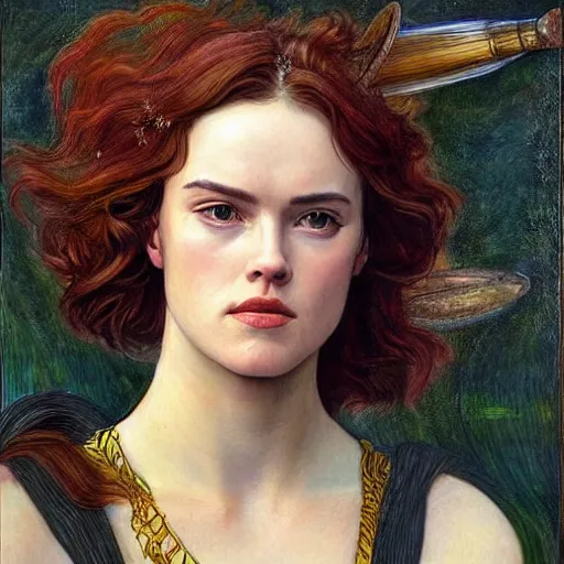 Image similar to da pre raphaelite painting of daisy ridley as barbarella by dante gabriel rossett