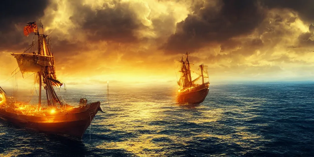Image similar to close portrait of a ship on the sea, over the shoulder on the ship is a medieval woman ship pilot from behind, dramatic golden neon sunset with wall of storm clouds, wearing shiny breastplate, dynamic lighting, hyperrealistic, hd 4 k, artstation