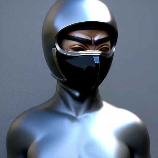 Image similar to 3 d octane rendering of marble and chrome statue of ninja wearing full face mask and hunter hat, vfx art, sharp, detailed, pinterest, unreal engine, behance, technological, octane render