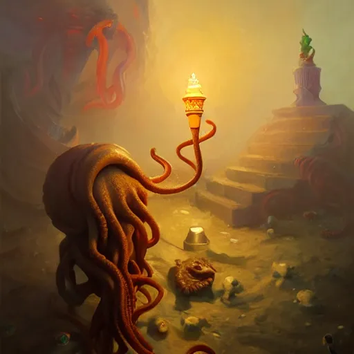 Prompt: portrait painting of cthulhu, bright and energetic, wild tentacles holding ice cream cones, render cinematic lighting art 1 9 2 0 period drama by bussiere rutkowski andreas rocha