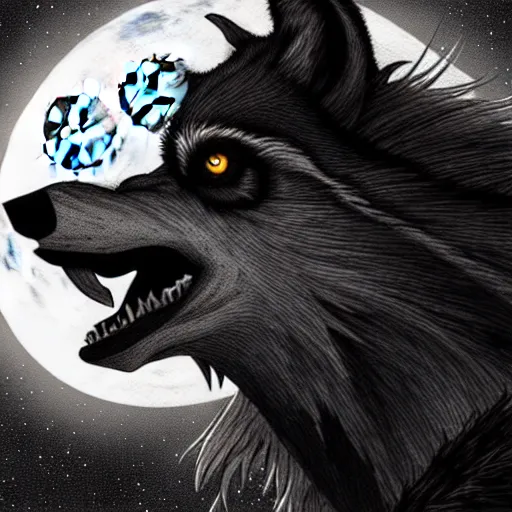 Prompt: werewolf howling at the full moon, side angle, artstation, highly detailed, intricate, black and white