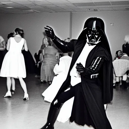 Prompt: Photography of Darth Vader dancing at a sock hop