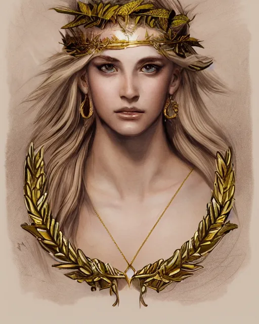 Image similar to front view of beautiful aphrodite greek goddess wearing a gold laurel wreath and triangle earrings, realism tattoo sketch, beautiful piercing eyes with sharp pupils, beautiful blonde hair, in the style of greg rutkowski, fantasy, amazing detail, epic, elegant, smooth, sharp focus