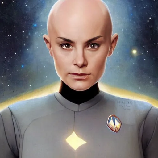 Image similar to a bald serbian!!! young woman as a star trek captain, wearing a grey uniform, still from star trek painted by artgerm and greg rutkowski and alphonse mucha. clear highly detailed face, beautiful sci fi art