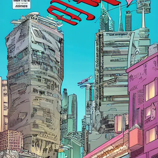 Image similar to A digital art of a city in 2055, detailed award winning comic cover by moebius