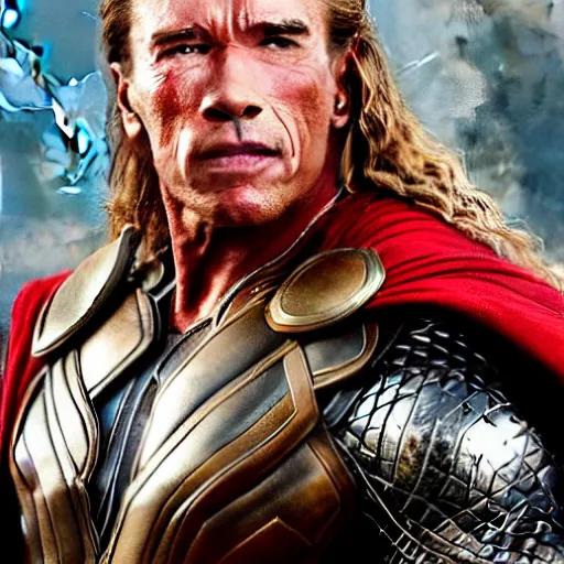 Prompt: Arnold Schwarzenegger as Thor, realistic photo portrait, movie poster