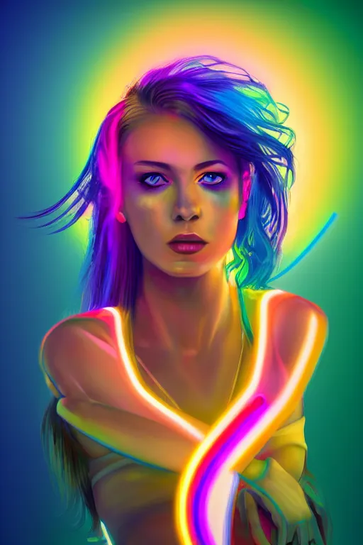 Image similar to a award winning half body portrait of a beautiful woman with stunning eyes in a croptop and cargo pants with rainbow colored ombre hairstyle head in motion and hair flying by thomas danthony, surrounded by whirling illuminated neon lines, outrun, vaporware, shaded flat illustration, digital art, trending on artstation, highly detailed, fine detail, intricate