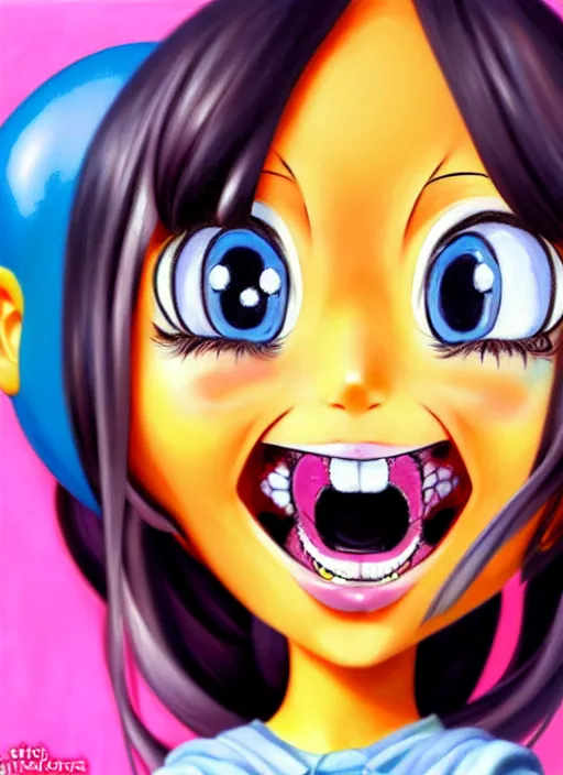 Image similar to a hyperrealistic oil painting of a kawaii anime girl figurine caricature with a big dumb grin featured on nickelodeon by dave mckean in the style of madballs