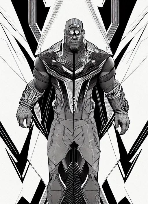 Image similar to symmetry concpet art, full shot, traditional ink, sketch, of thanos, line sketch, intricate, elegant, highly detailed, monochrome, digital painting, artstation, concept art, sharp focus, illustration, art by borderlands 3 and peter polach