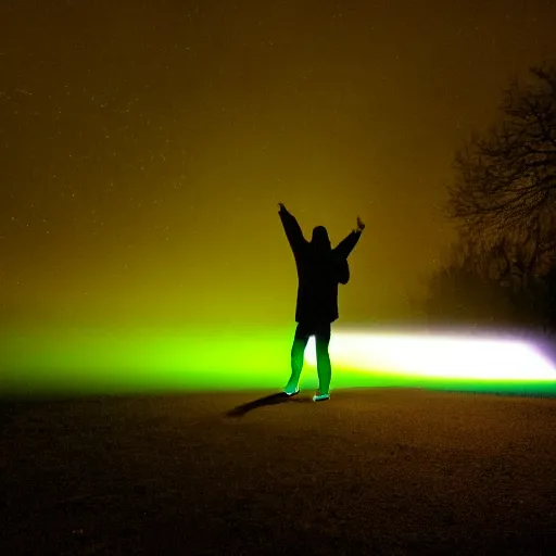 Prompt: a flash photo taken with fujifilm FinePix 2650 of a flash photo of headlights, tail lights, and green lasers reflecting off the wet ground. the silhouette of a figure in baggy clothes is steaming in the cold. The figure is pointing to the sky at a shooting star.