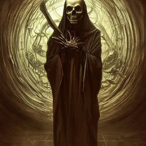 Image similar to death himself, physically accurate, moody dynamic lighting, very very intricate, very very elegant, highly detailed, digital painting, artstation, HR GIGER, Hieronymus Bosch, Francis Bacon, concept art, smooth, very beautiful, sharp focus, illustration, art by artgerm and greg rutkowski and alphonse mucha