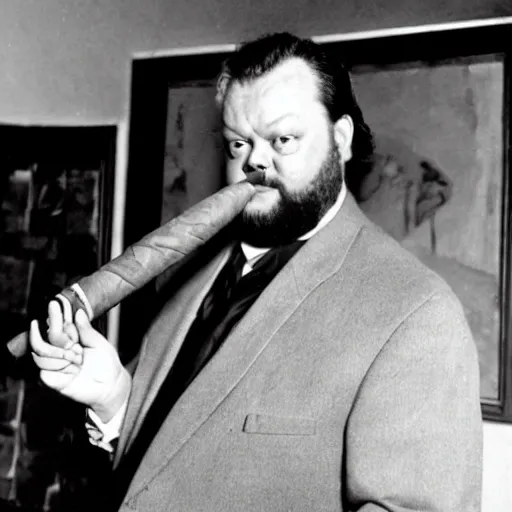 Prompt: orson welles directing a new movie and holds a cigar