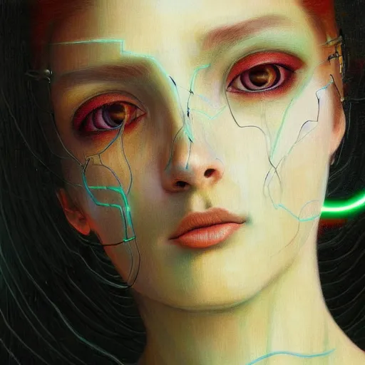 Image similar to painting of a close - up on the face of a cyberpunk girl, into a trance, connected by cables in her head, in the style of agostino arrivabene, renaissance, dark, surrealism, low contrast
