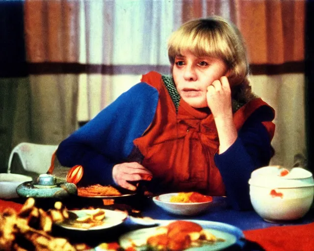 Prompt: 1 9 7 9 a soviet movie still a russian woman sitting at a table with a plate of food in dark warm light, a character portrait by nadya rusheva, featured on cg society, neo - fauvism, movie still, 8 k, fauvism, cinestill, bokeh, zenit 3 5 mm slr