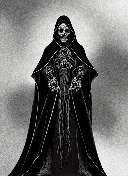 Image similar to ultradetailed artwork of the necromancer, wearing a black cloak, crisp