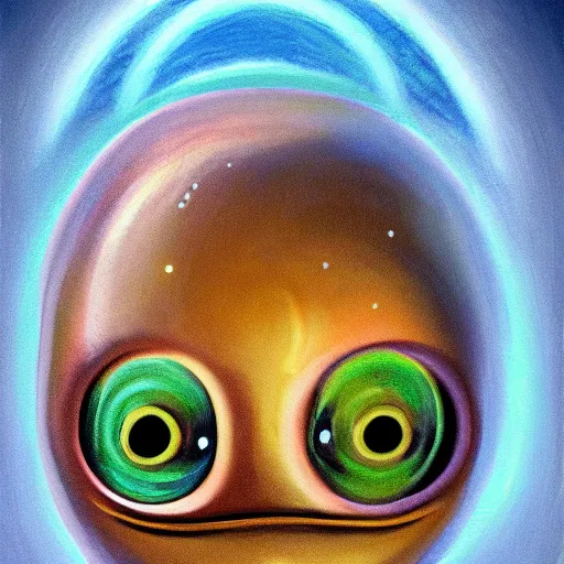 Image similar to a professionally painted portrait of a typical alien with large eyes, friendly, symmetry, golden hour, 8k, HD