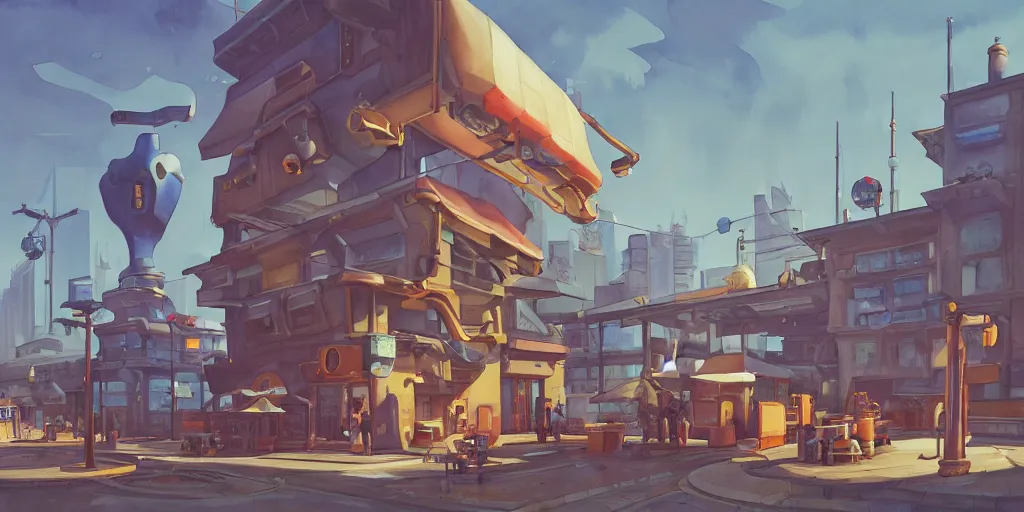 Prompt: overwatch building, stylized, exterior, architecture, in watercolor gouache detailed paintings, insanely detail, artstation, 8 k, futuristic, big medium small, arcane, simon stalenhag, food stall, interesting shapes & form, golden ratio, hard surface, props, lots of decoration and furniture