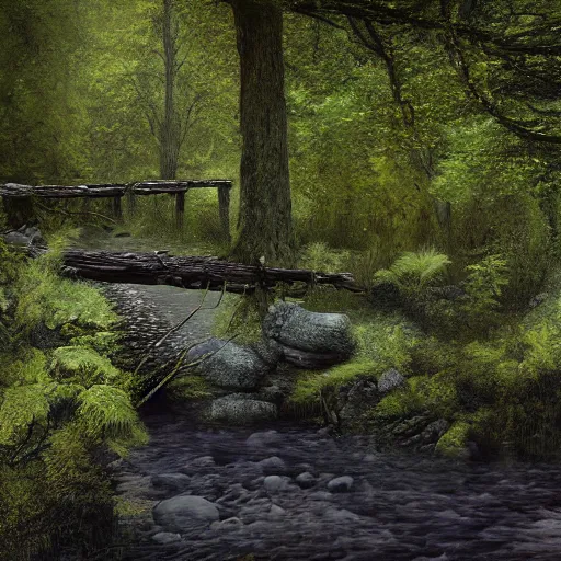 Prompt: old rickety bridge over a stream within a dark dying forest, high resolution, highly detailed, dark fantasy, digital art