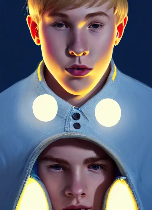 Image similar to portrait of high school senior boy named big moose, blonde short hair, jock, beefy, wide face, square jaw, square facial structure, blue varsity jacket with letter r, intricate, elegant, glowing lights, highly detailed, digital painting, artstation, concept art, sharp focus, illustration, art by wlop, mars ravelo and greg rutkowski