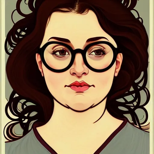 Prompt: portrait of a curvy stocky romanian woman, brown hair, messy bob, brown eyes, romanian, laugh lines, round face, round chin, round nose, white glasses, glasses, white reading glasses, librarian, wide shot, digital art, alphonse mucha, loish, art nouveau, 8 k, trending on artstation