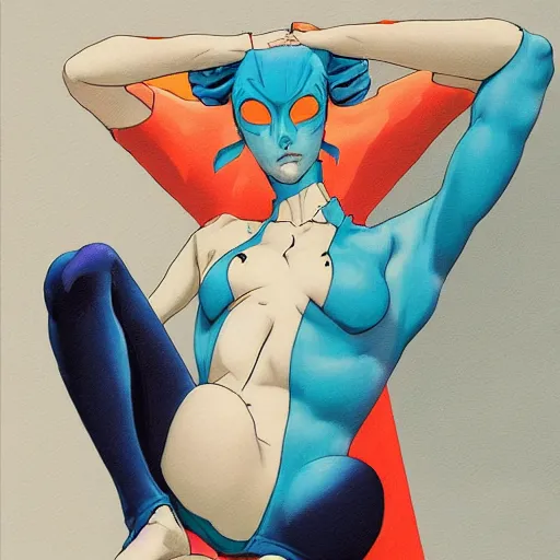 Prompt: thin girl with boyish body shape in catsuit. illustration by james jean and satoshi kon and erik jones, inspired by evangelion, smooth feature, intricate oil painting, high detail illustration, sharp high detail