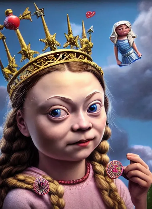 Image similar to highly detailed closeup, face profile portrait of greta thunberg as a tin toy fairytale princess wearing a crown eating cakes, bikini, unreal engine, nicoletta ceccoli, mark ryden, earl norem, lostfish, global illumination, detailed and intricate environment
