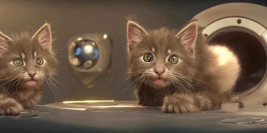 Image similar to a 3 d rendered movie of a cute robot kitten with whiskers. the robot has rgb lighting implants and it resembles a maine coon kitten. in the background is a cat tree ( cyberpunk ) for robots. dramatic lighting. science fiction blockbuster movie, imax 7 0 mm. octane 3 d render, style of mandalorian ( american space western television series ) but about robots
