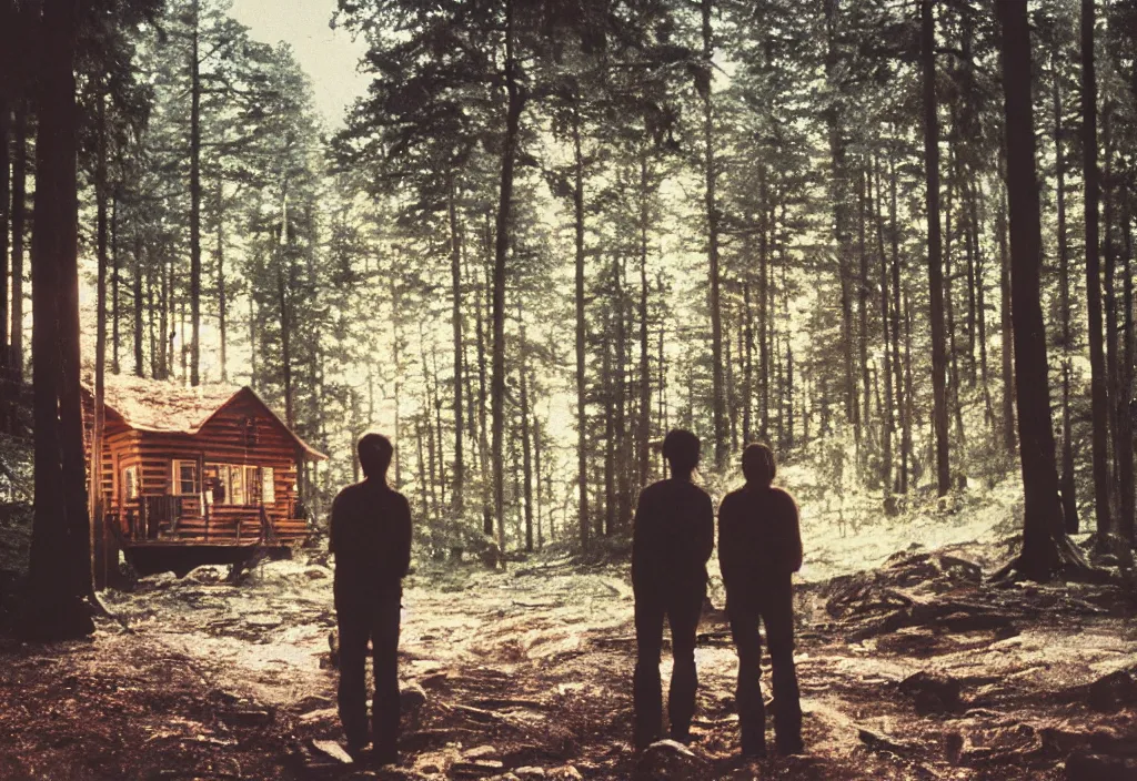 Prompt: lomo photo of two humans standing in front of a large cabin, cinestill, bokeh, out of focus, day, dramatic lighting