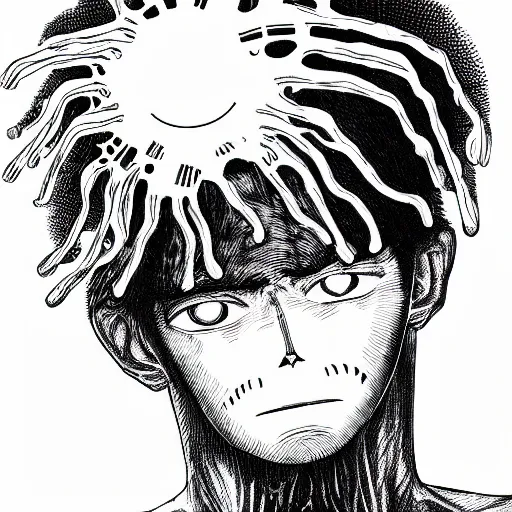 Prompt: Black and white illustration of Monkey T. Luffy, Creative Design, Human brain, Biopunk, Body horror, by Junji Ito