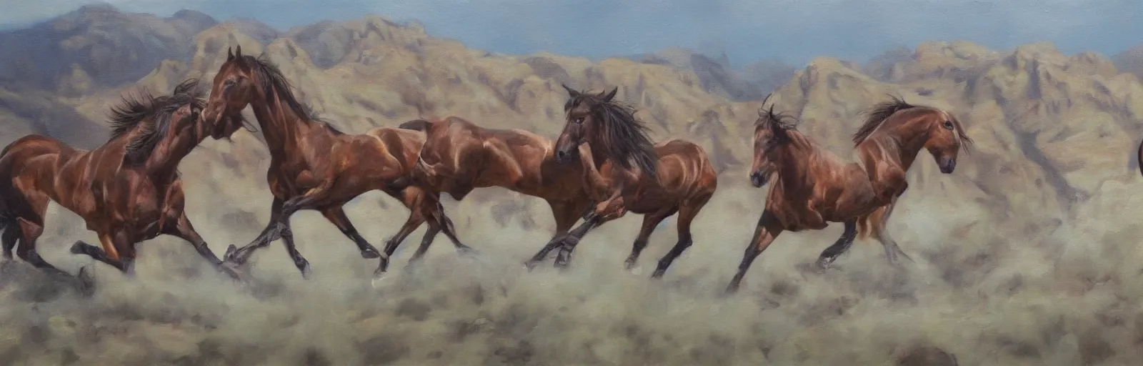 Image similar to lots of horses running through the canyon, hyper realistic, more details, they might be crawling, original oil on canvas painting by sydney mount