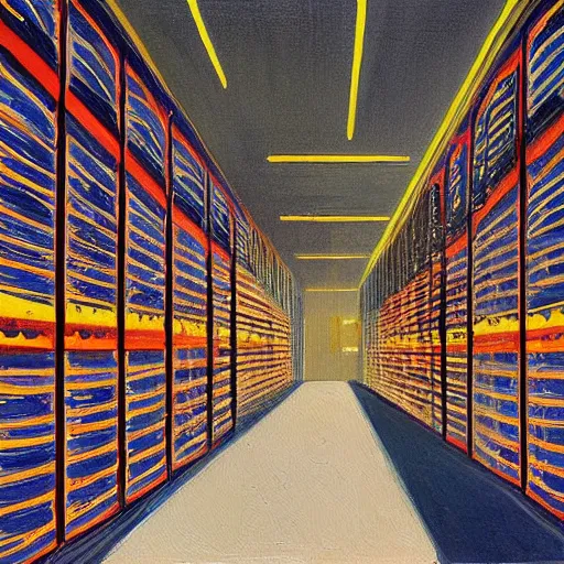 Prompt: a painting by Wayne Thiebaud inside of a high end data center on fire by Wayne Thiebaud