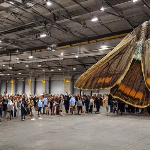 Image similar to a group of people gathered in a warehouse, worshipping a giant moth, highly detailed, 8 k, realistic,