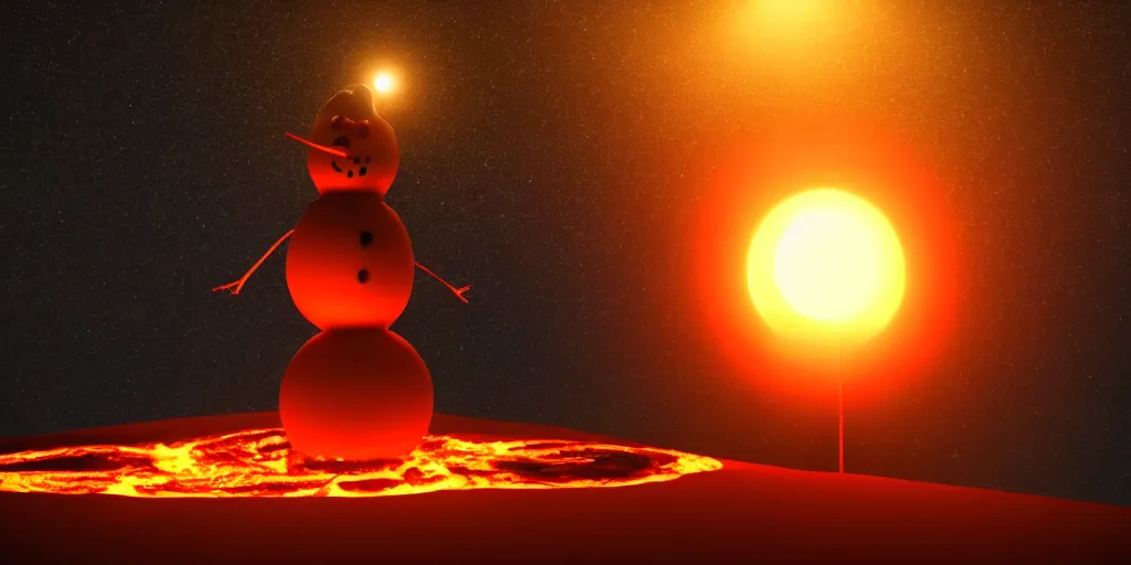 Image similar to a melting snowman standing on top of the sun. the ground is made of fire and lava and is glowing orange. cinematic, dramatic, epic, volumetric lighting, atmospheric, red, orange extremely coherent, 8 k, space